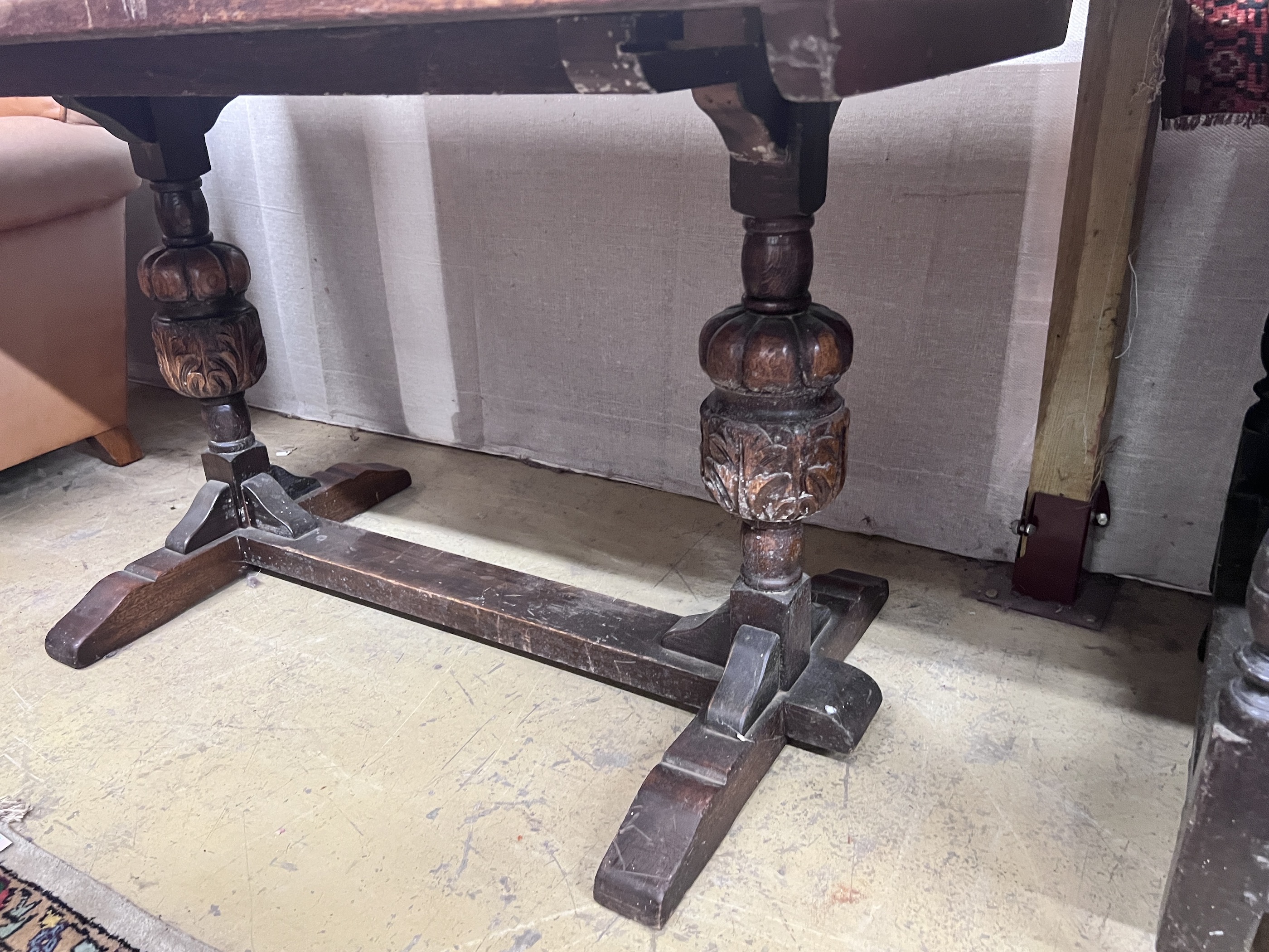 A 1920's Jacobean revival rectangular oak refectory table, length 151cm, depth 76cm, height 75cm